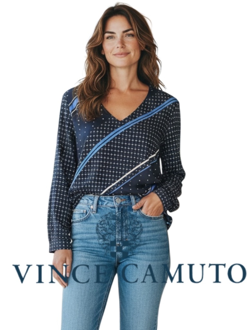 Vince Camuto Black/White/Blue Stripe Pattern V-Neck Blouse Top Shirt (XS)
